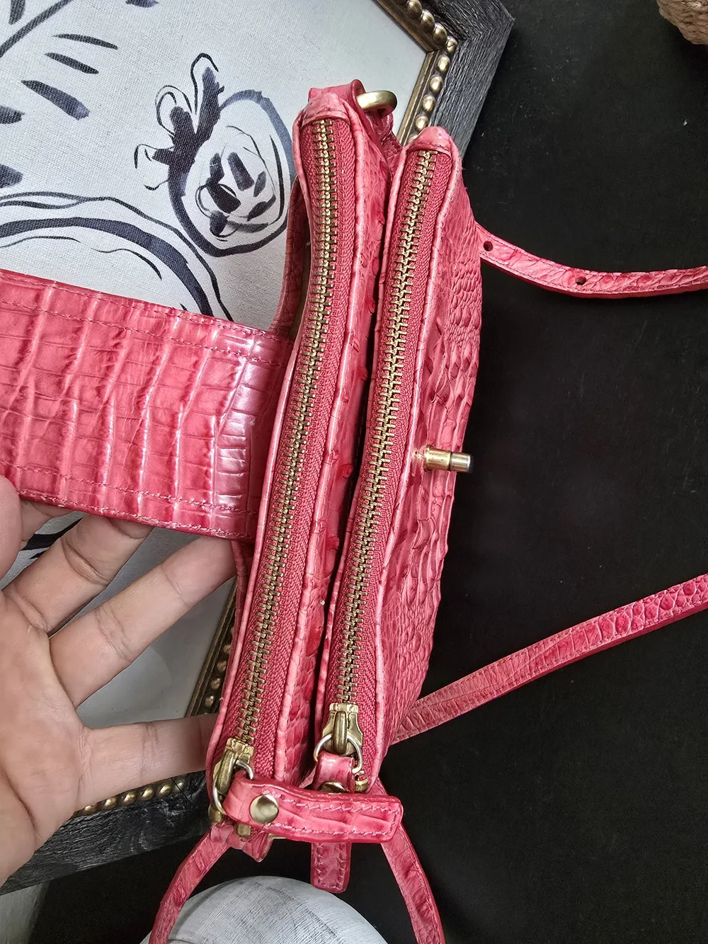 Brahmin Croc-Embossed Coral Pink Crossbody with Gold Hardware